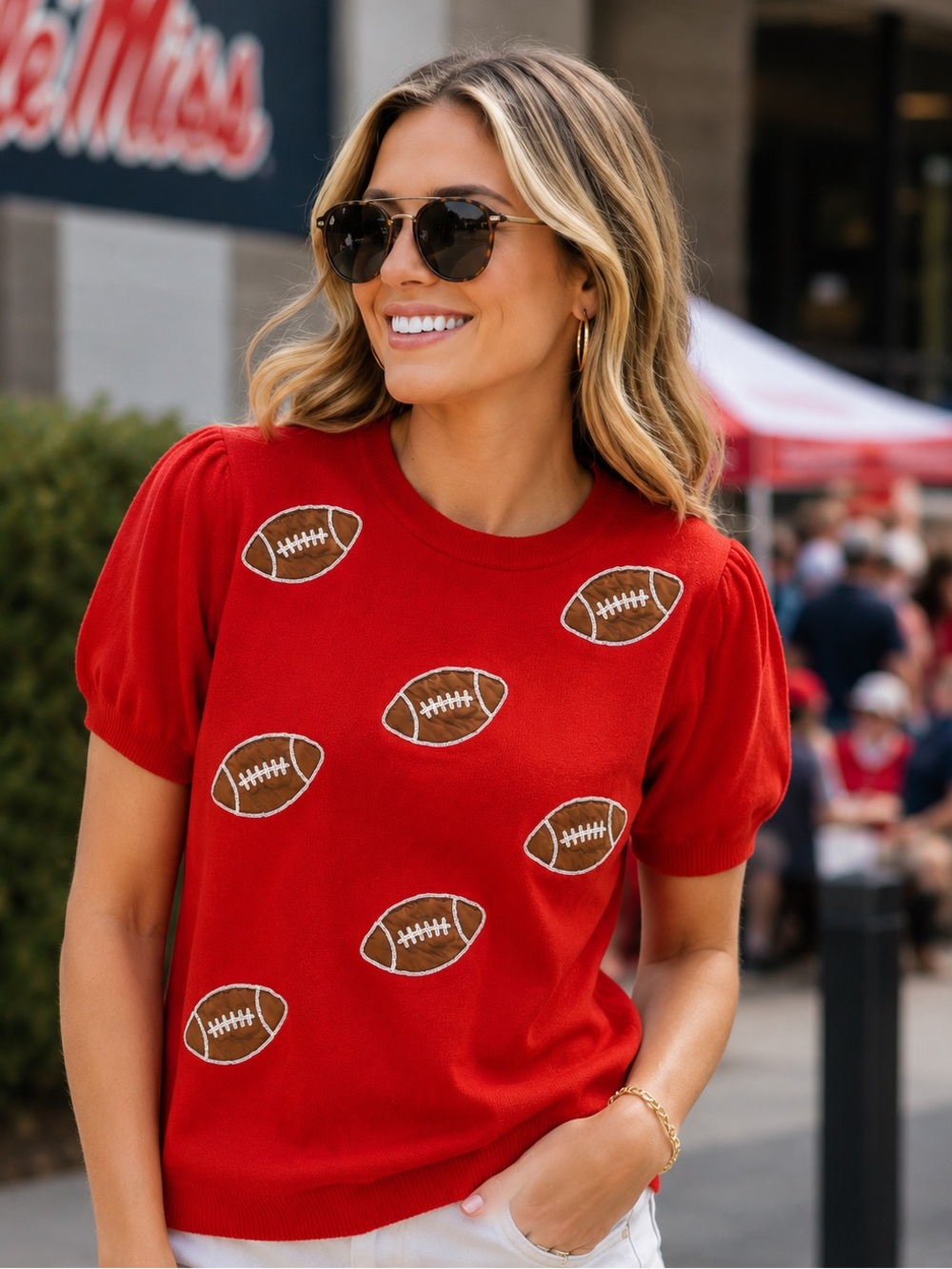 Ring Street Designs Red Game Day Sequin Football Knit Sweater Short Sleeve